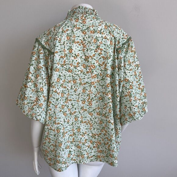 Umgee 1XL Green Floral Blouse Puff Sleeves Boho Shabby Cottage Chic Top Popover - Picture 7 of 12